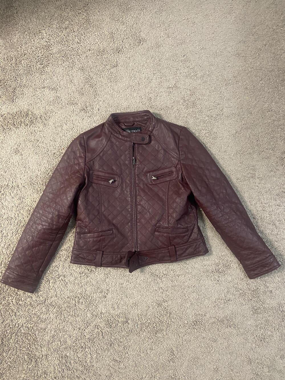 Pelle Moda Jacket Womens XL Burgundy Quilted Leather Moto Biker Zip Pockets